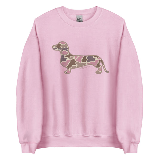 Dachshund sweatshirt in Pink Duck Camo print, light pink colorway