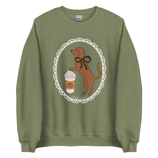Dachshund sweatshirt in military green, Pumpkin Spice Doxie Latte print