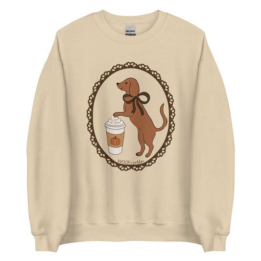 Dachshund sweatshirt in sand, Pumpkin Spice Doxie Latte print