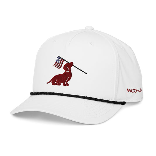 Dachshund USA rope hat for doxie lovers, red white blue snapback