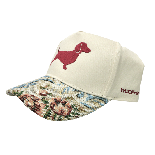 Doxie hat in vintage floral print, dachshund gift for wiener dog moms