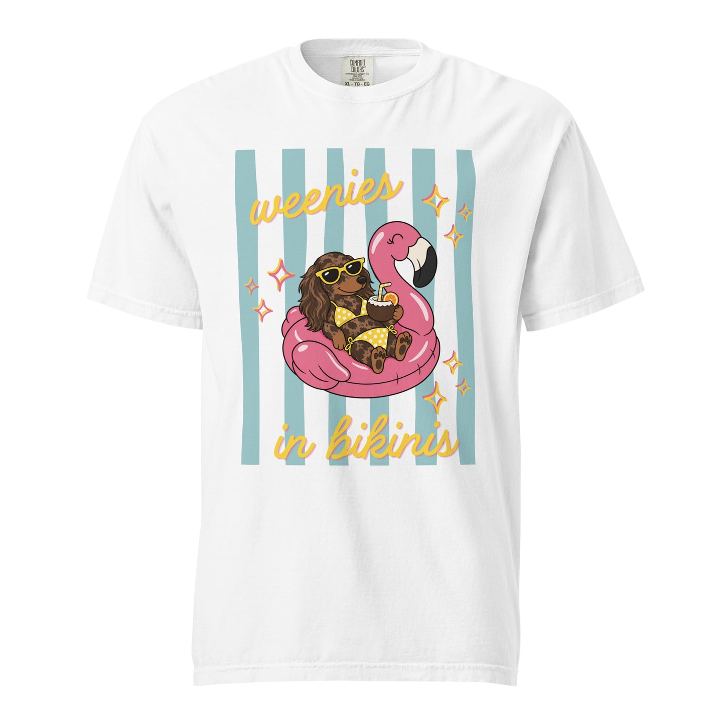 Dachshund Weenies in Bikinis shirt in white, funny doxie beach tee