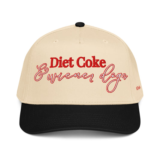 diet coke and wiener dogs hat from woof and ween, black and tan hat with red embroidery