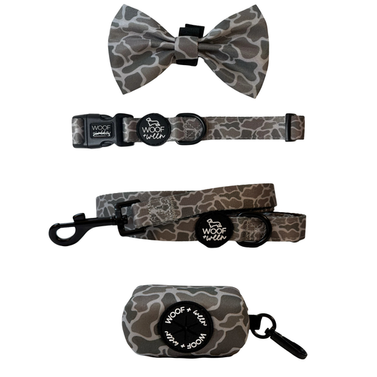 Duck camo dog collar, bow, leash and waste bag holder accessory bundle
