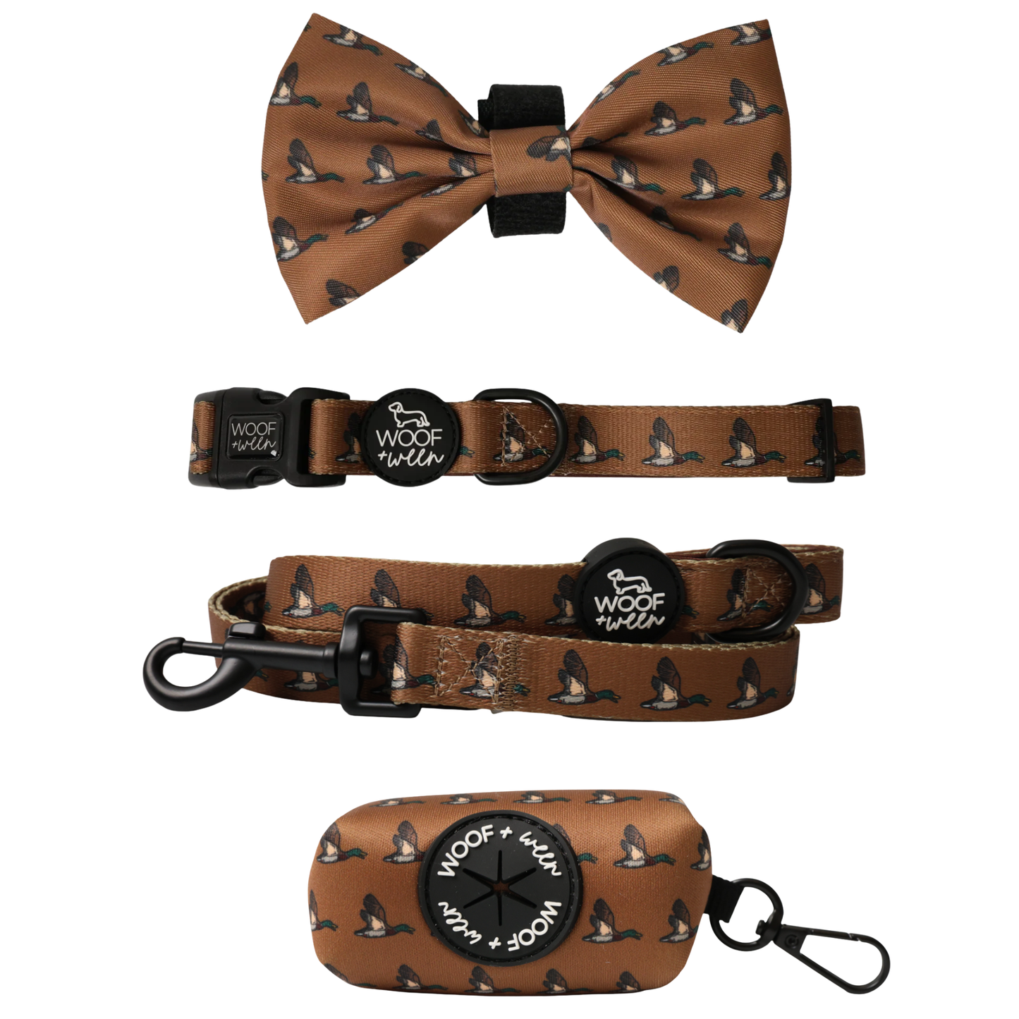 Duck camo dog collar, bow, leash and waste bag holder accessory bundle for hunting dogs