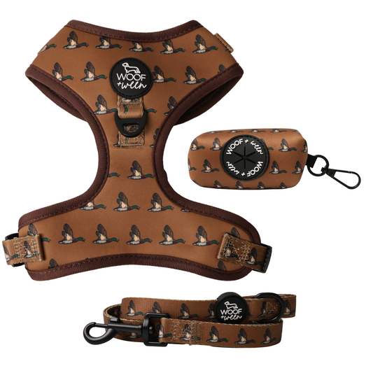 Duck camo dog harness, leash and waste bag holder walk bundle for hunting dogs