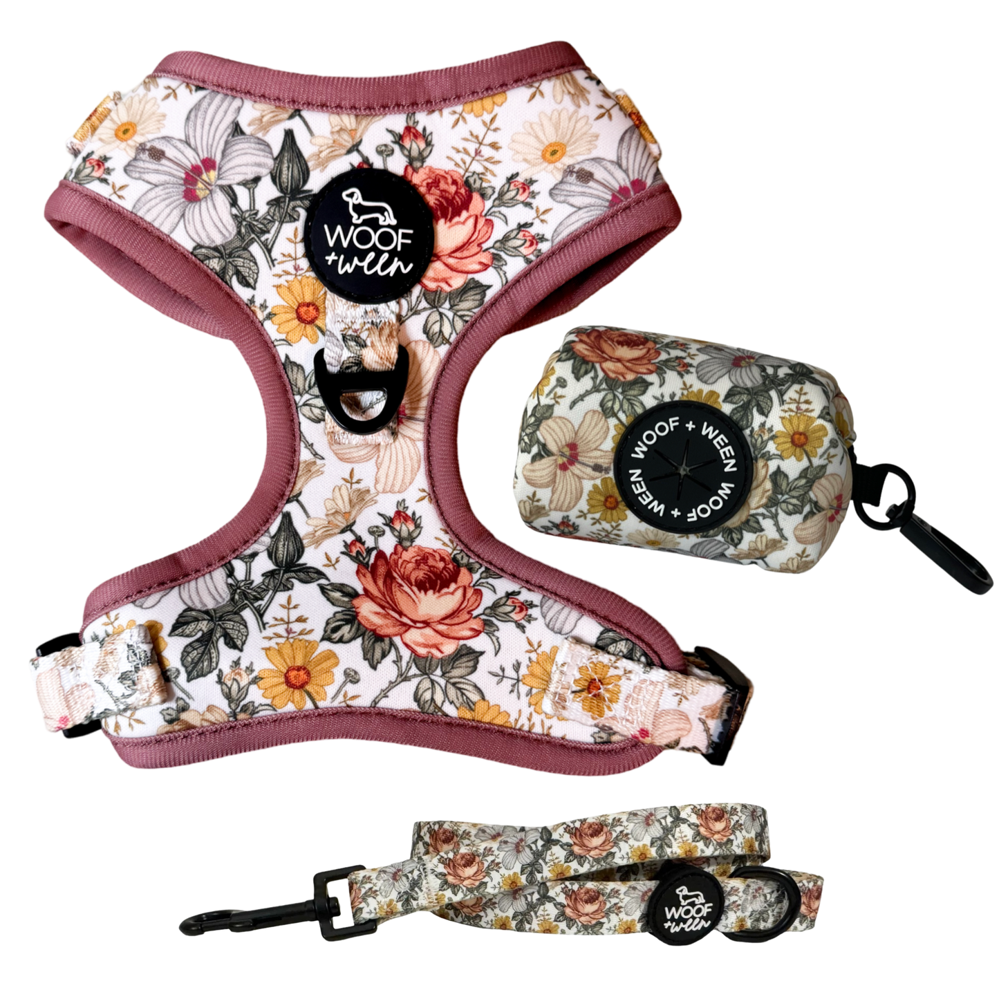 Pink floral dog harness, leash and waste bag holder walk bundle