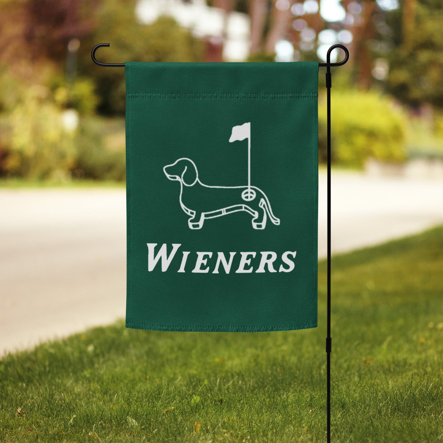 green woof+ween dachshund garden flag with golf theme