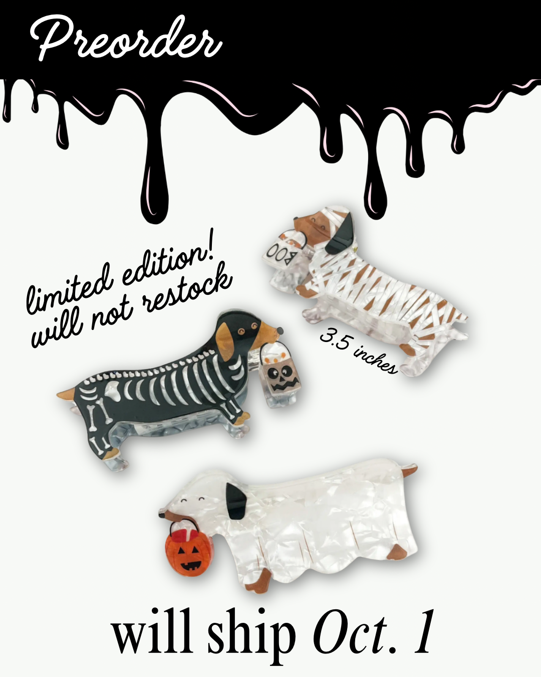 Mystery Halloween dachshund claw clip collection, collect all 3 doxie designs