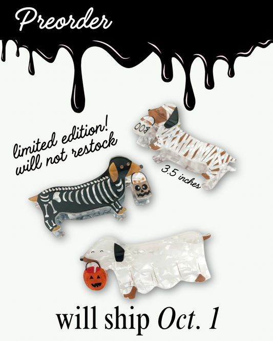 Mystery Halloween dachshund claw clip collection, collect all 3 doxie designs