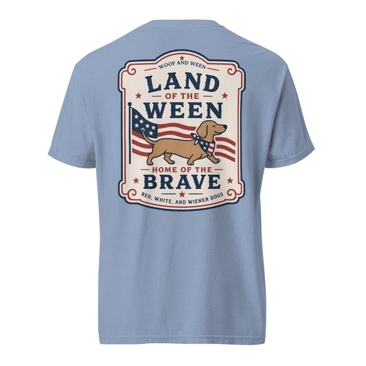 light blue tshirt with a dachshund design that says land of the ween home of the brave