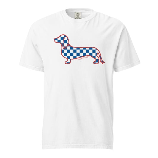 long hair dachshund blue checkered doxie shirt in white