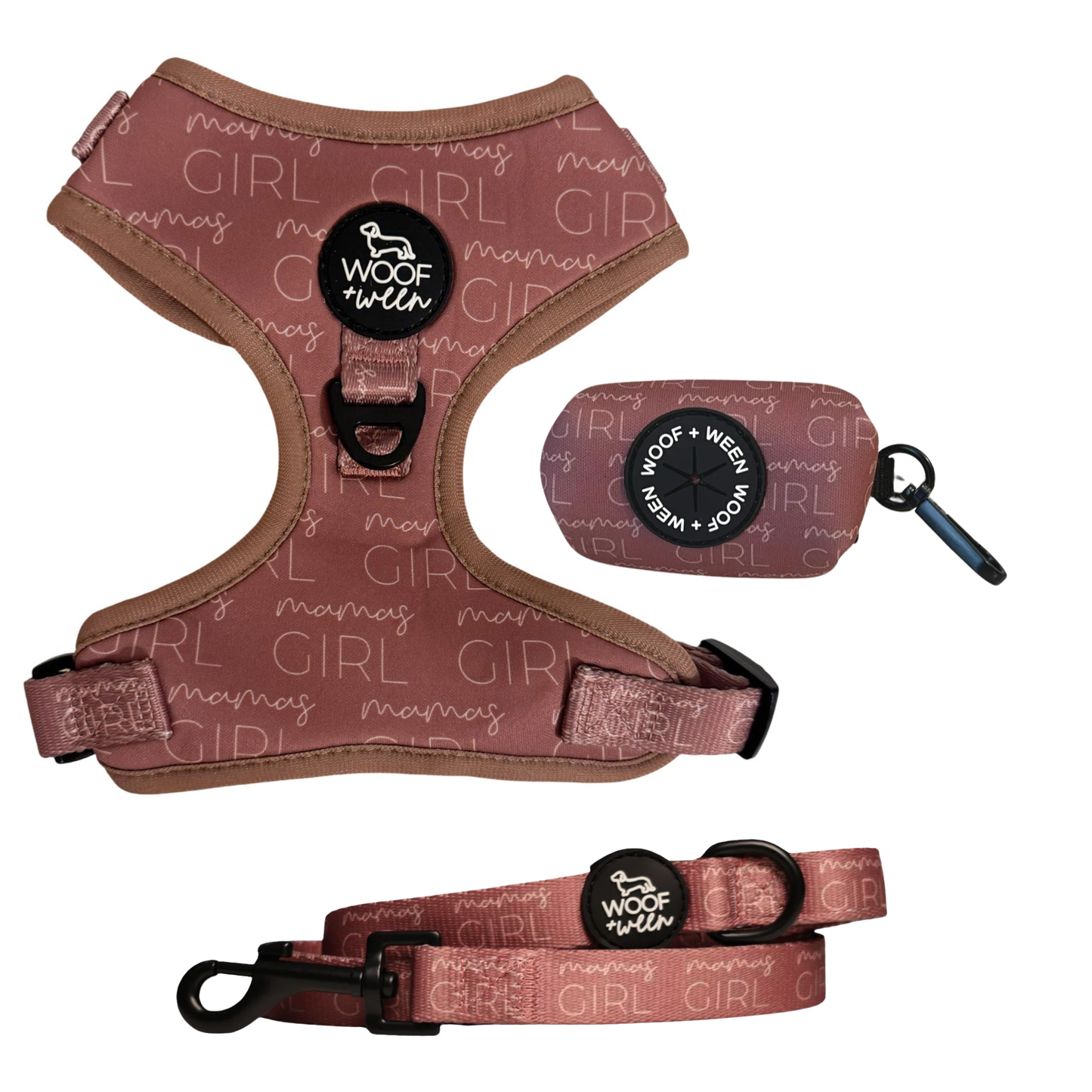 Mauve pink Mamas Girl dog harness, leash and waste bag holder walk bundle