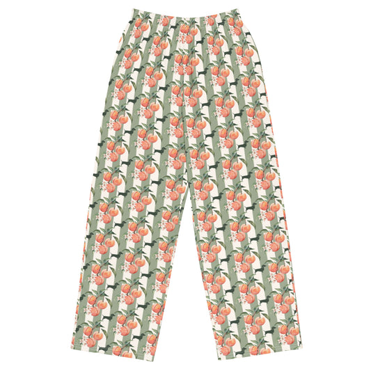 peach dachshund pajama pants with green stripes