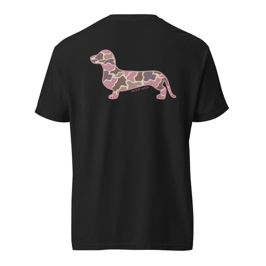 Pink camo doxie back print dachshund shirt, black colorway
