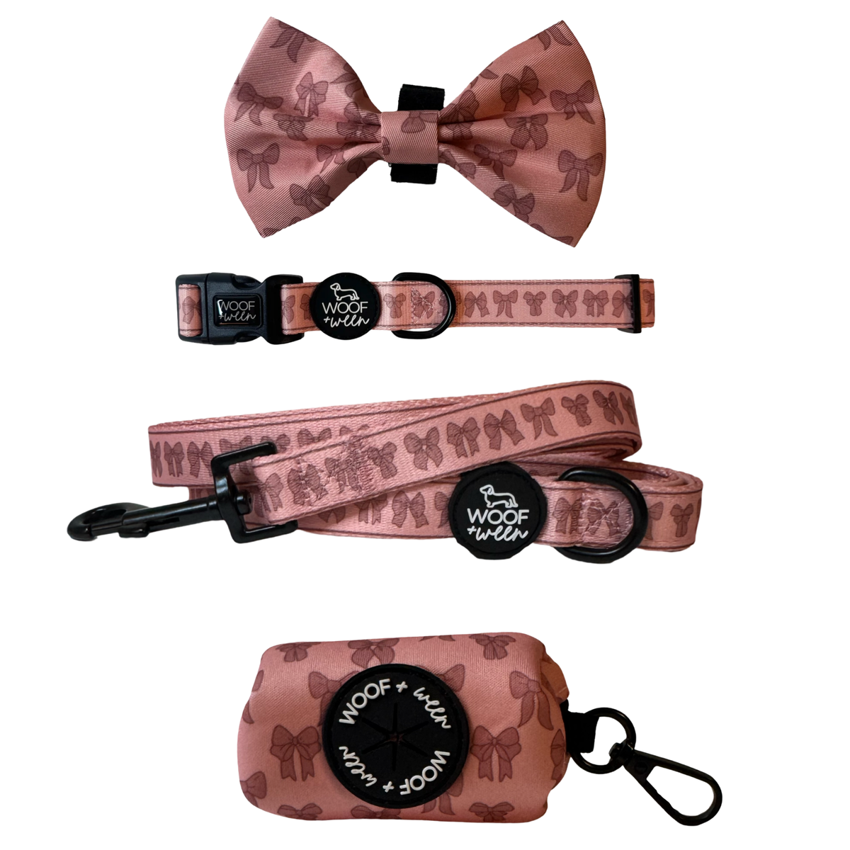 Pink coquette bow print dachshund collar, bow, leash and waste bag holder accessory bundle