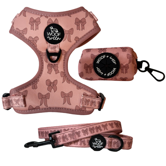 Pink coquette bow print dachshund harness, leash and waste bag holder walk bundle
