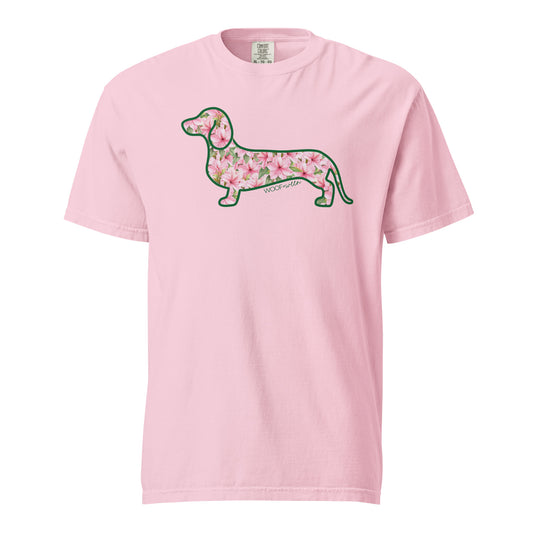 Azalea dachshund shirt on Comfort Colors garment-dyed tee with floral doxie design by WOOF+WEEN.