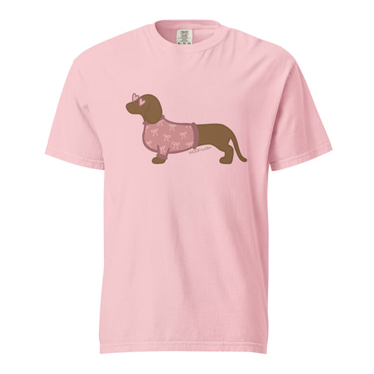 pink dachshund tshirt with doxie wearing bow sweater for valentines
