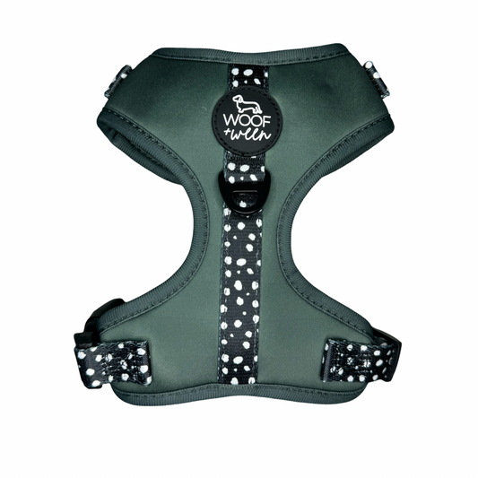 Evergreen green woof+ween adjustable dog harness for dachshunds with black and white polka dots