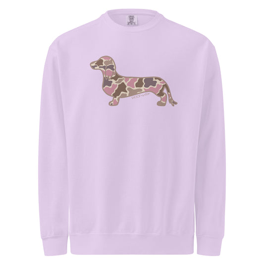 Long hair dachshund premium sweatshirt in Pink Duck Camo print, orchid colorway