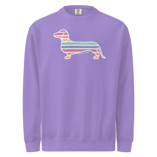 purple sweatshirt with rainbow striped doxie design