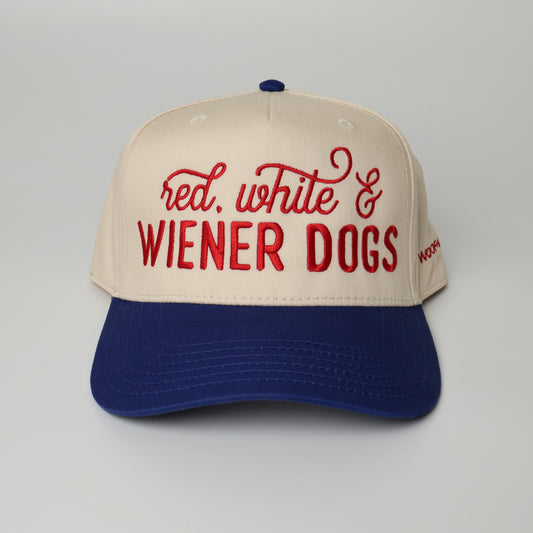 red white and wiener dogs embroidered blue hat from woof and ween