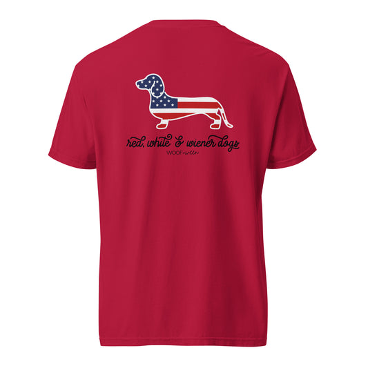 red white and wiener dogs with a usa american flag dachshund on a red shirt from woof and ween