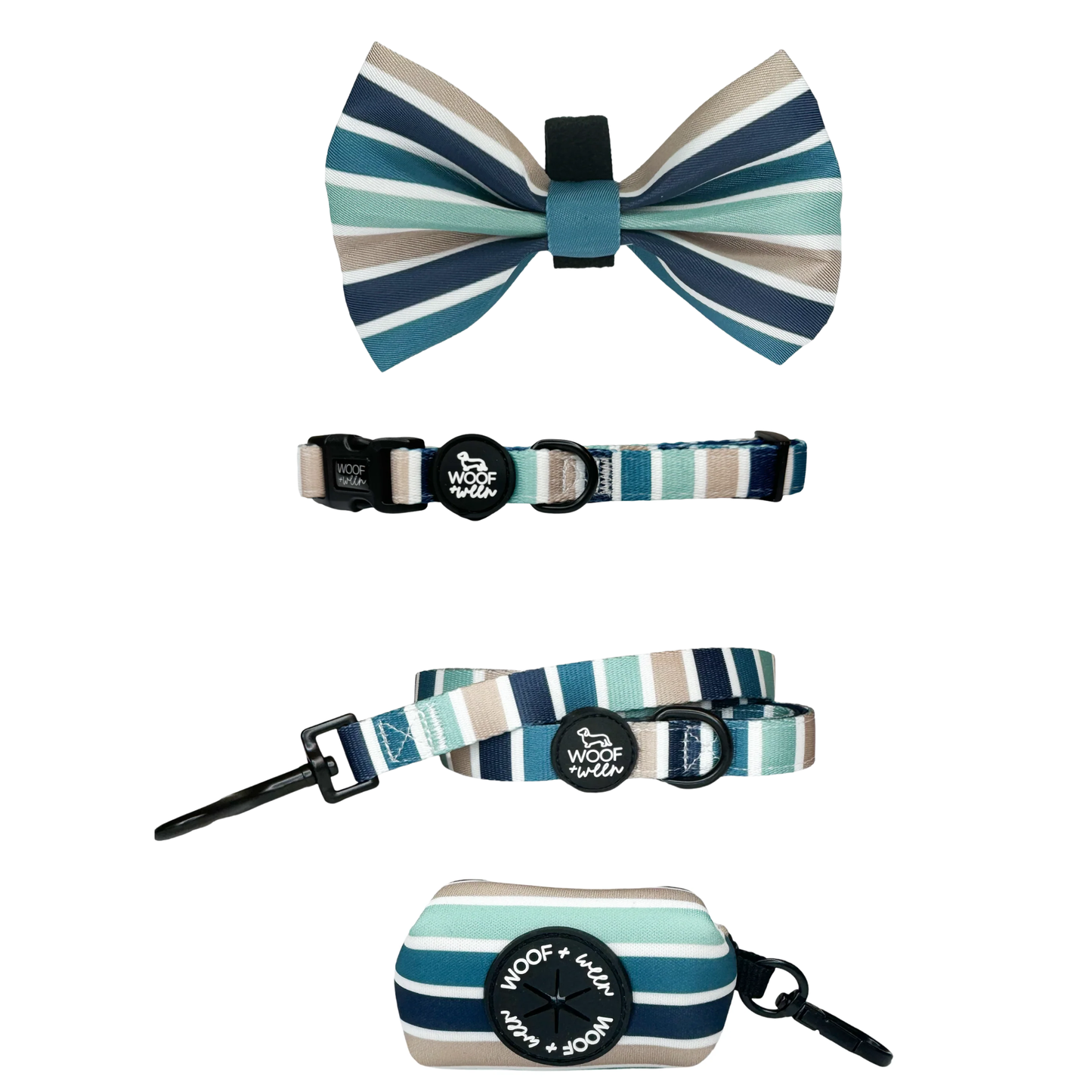 Blue striped dog collar, bow, leash and waste bag holder accessory bundle