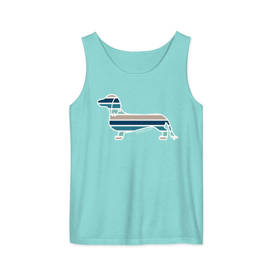 striped blue dachshund design on blue woof and ween tank top