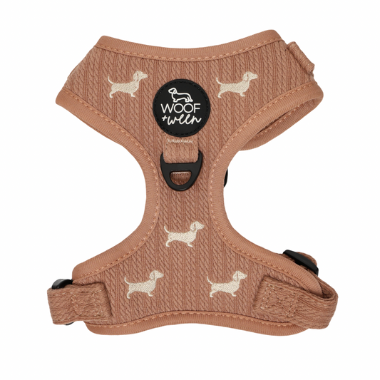 Sweater Weather dachshund harness in taupe knit with cream embroidered doxies