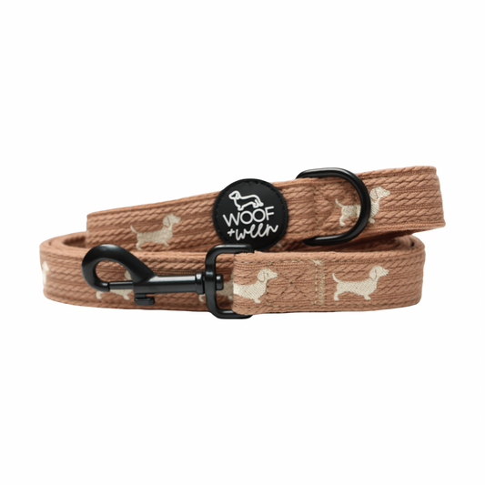 Sweater Weather dachshund leash in taupe knit with cream embroidered doxies