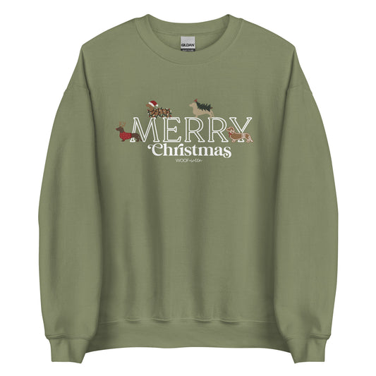 A sage green sweatshirt with a merry Christmas design on the front with holiday themed dachshunds