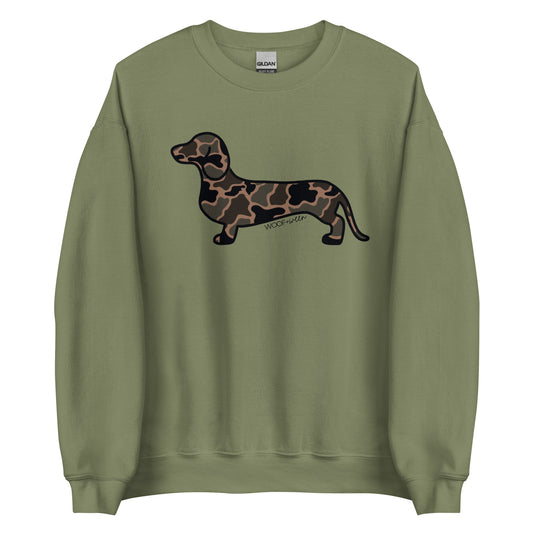 Black Duck Camo dachshund sweatshirt military green front Gildan crewneck