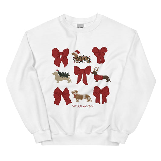White crewneck sweatshirt with red bows and Christmas dachshunds