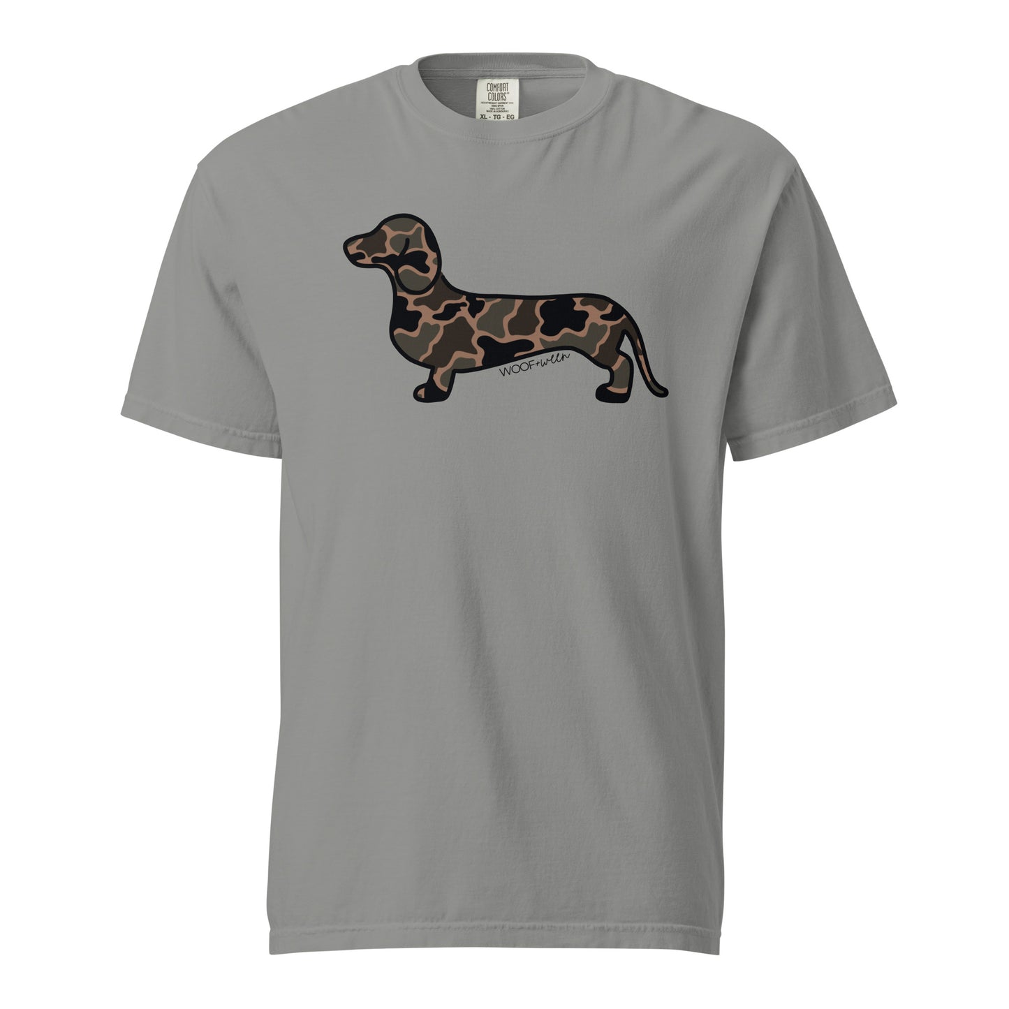 Black Duck Camo dachshund tee grey front Comfort Colors wiener dog shirt