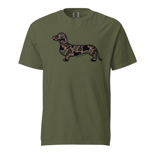Black Duck Camo dachshund tee hemp front Comfort Colors wiener dog shirt