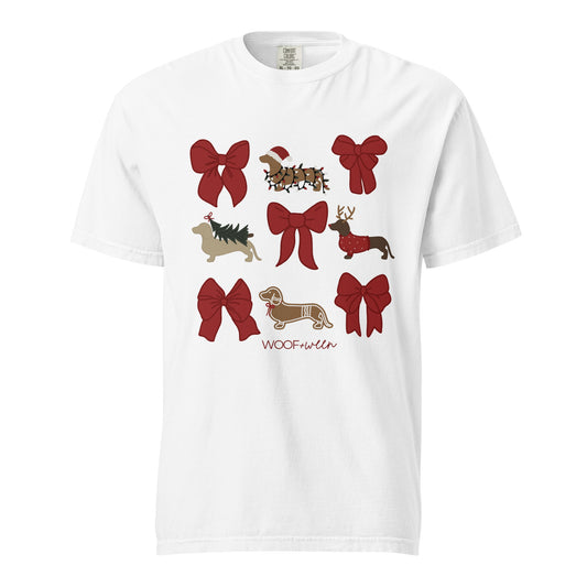 dachshund christmas shirt with red coquette bows and wiener dogs in a Christmas theme