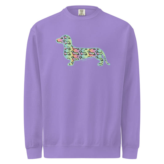 Violet dachshund sweatshirt, Hot Diggity Dog premium crewneck for doxie lovers