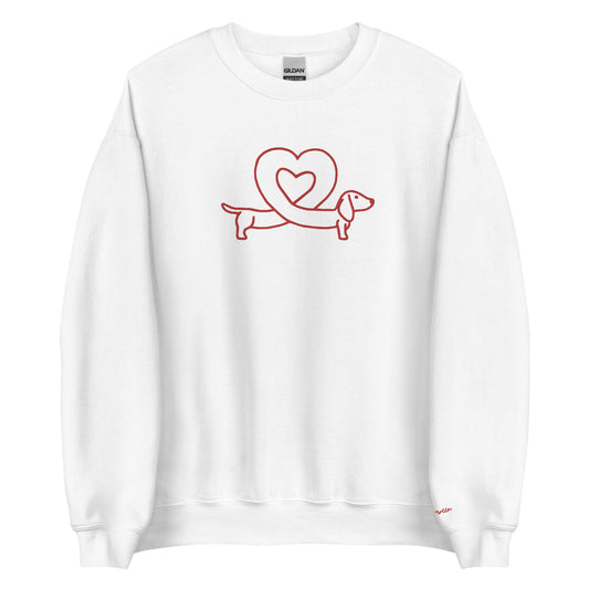 white embroidered dachshund heart sweatshirt