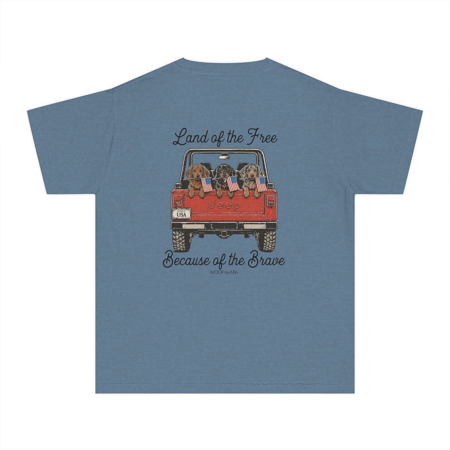 YOUTH Dachshund Tee - Land of the Free because of the Brave Doxies