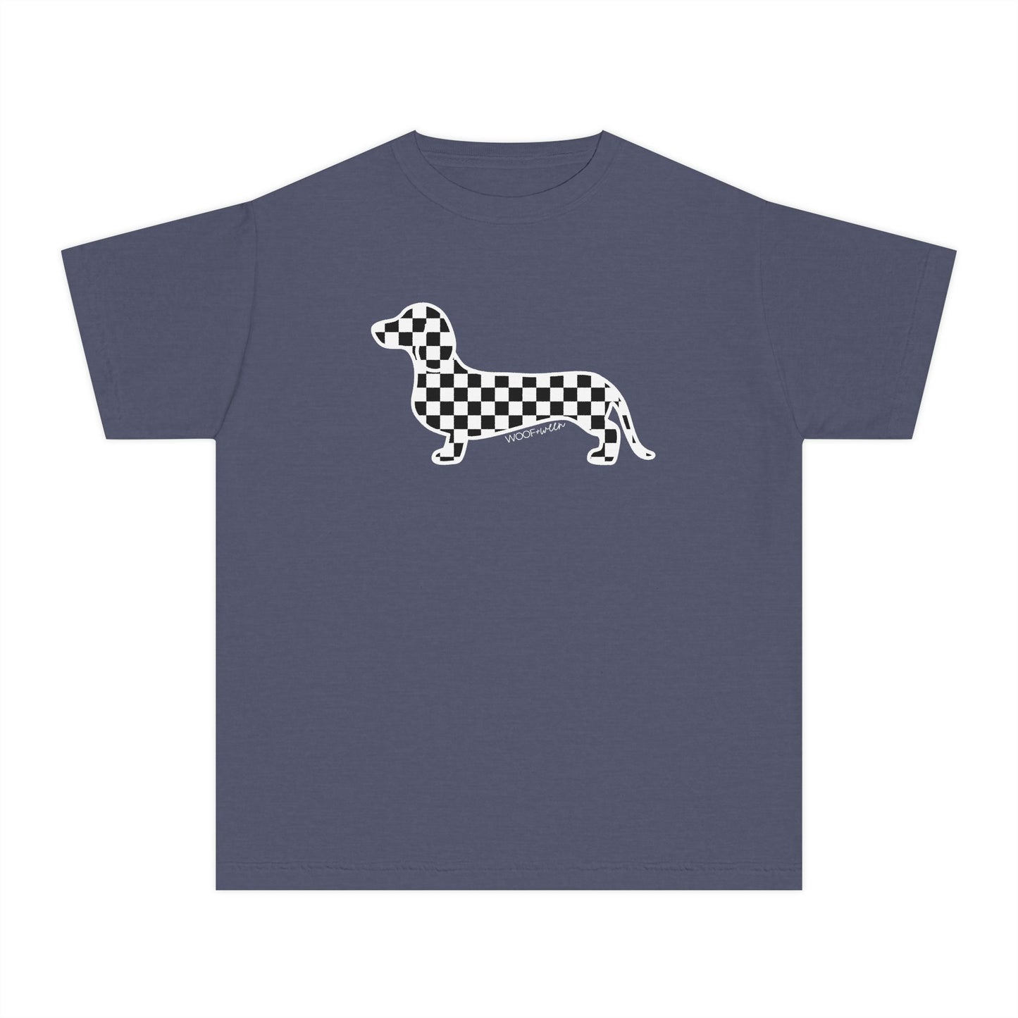 YOUTH Dachshund Tee - Black Checkered Doxie