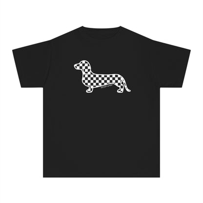 YOUTH Dachshund Tee - Black Checkered Doxie