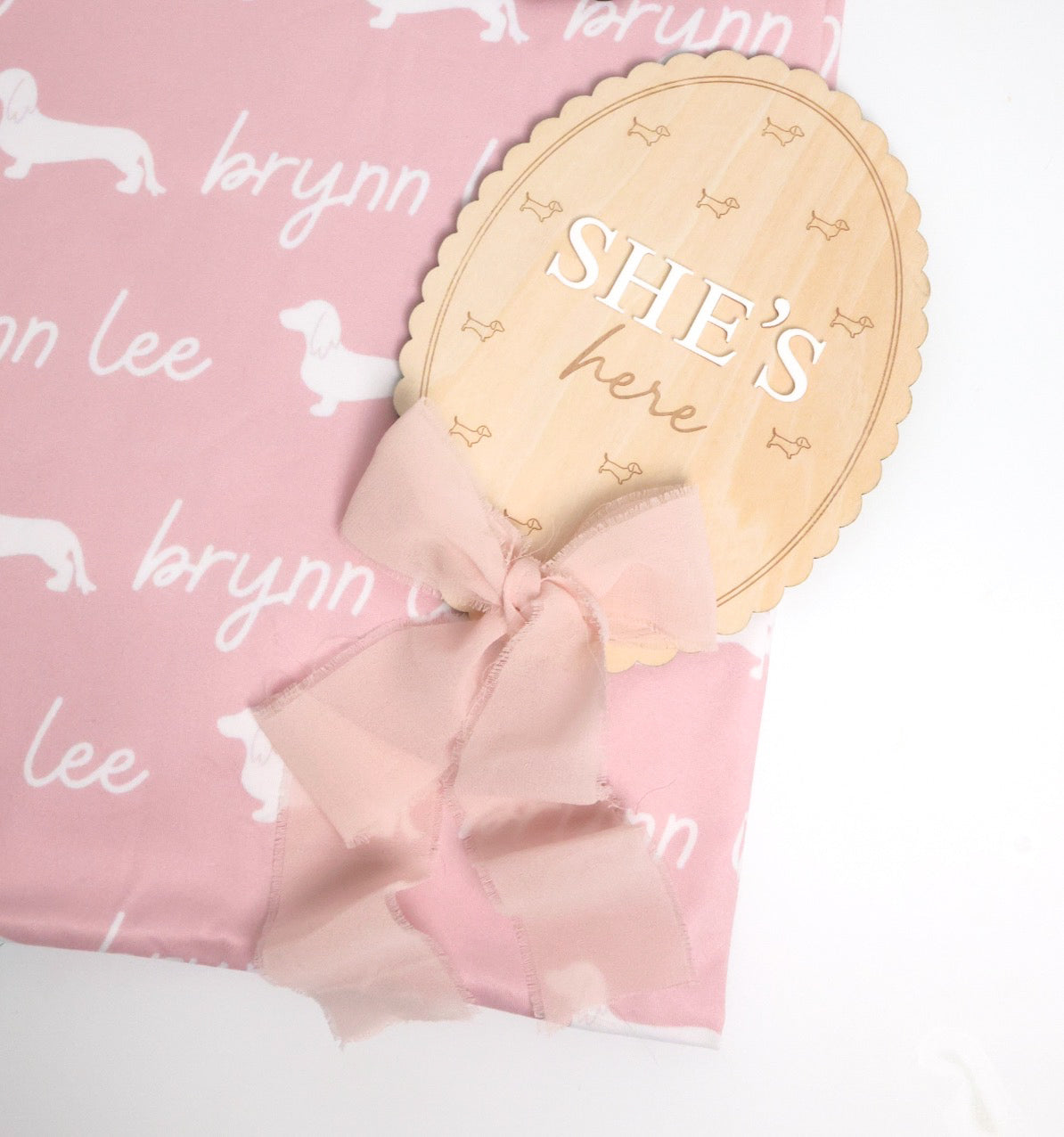 Dachshund Wooden Baby Annoucement - She’s Here Scalloped