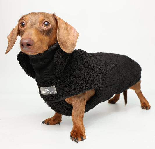 Dachshund Sweater Coat - Black Sherpa Turtleneck Coat