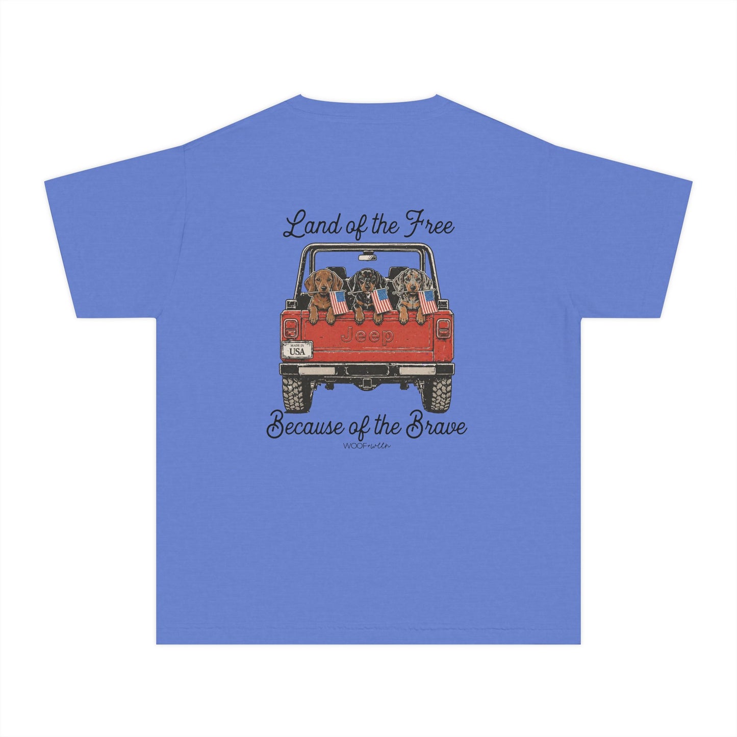 YOUTH Dachshund Tee - Land of the Free because of the Brave Doxies