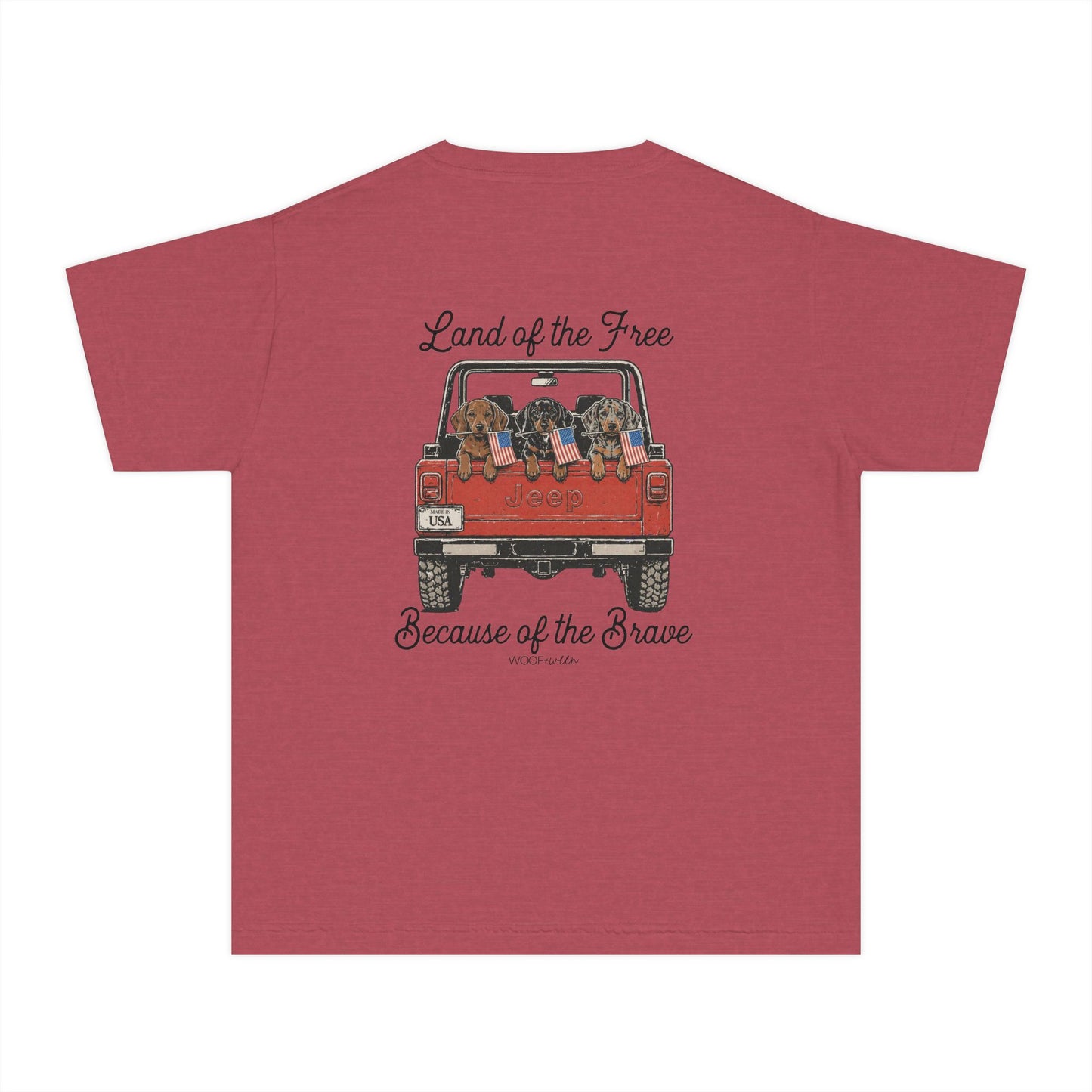 YOUTH Dachshund Tee - Land of the Free because of the Brave Doxies