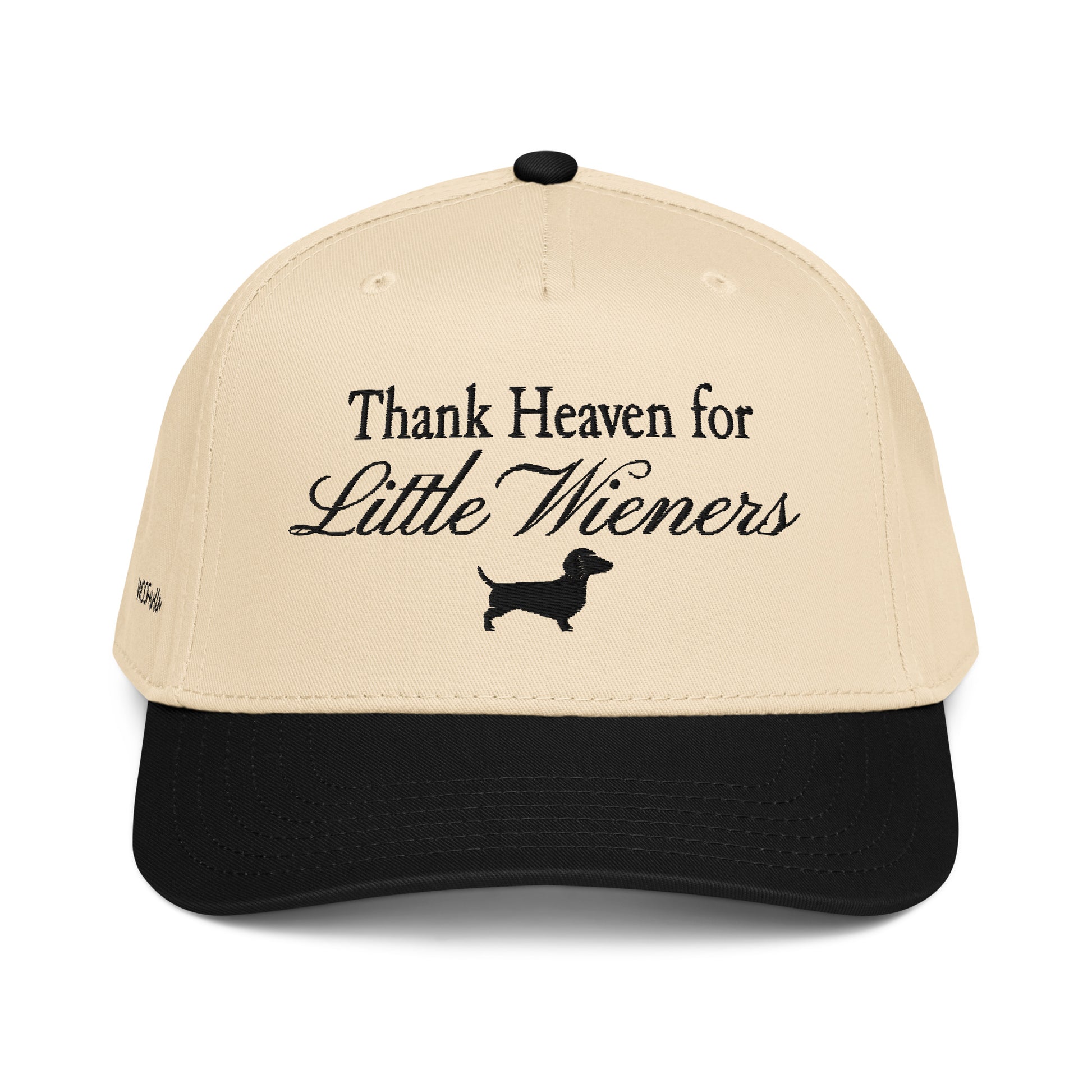 Beige and black cap with 'Thank Heaven for Little Wiener' text and dachshund icon