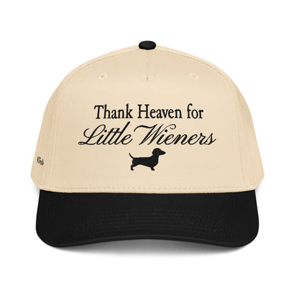 Beige and black cap with 'Thank Heaven for Little Wiener' text and dachshund icon