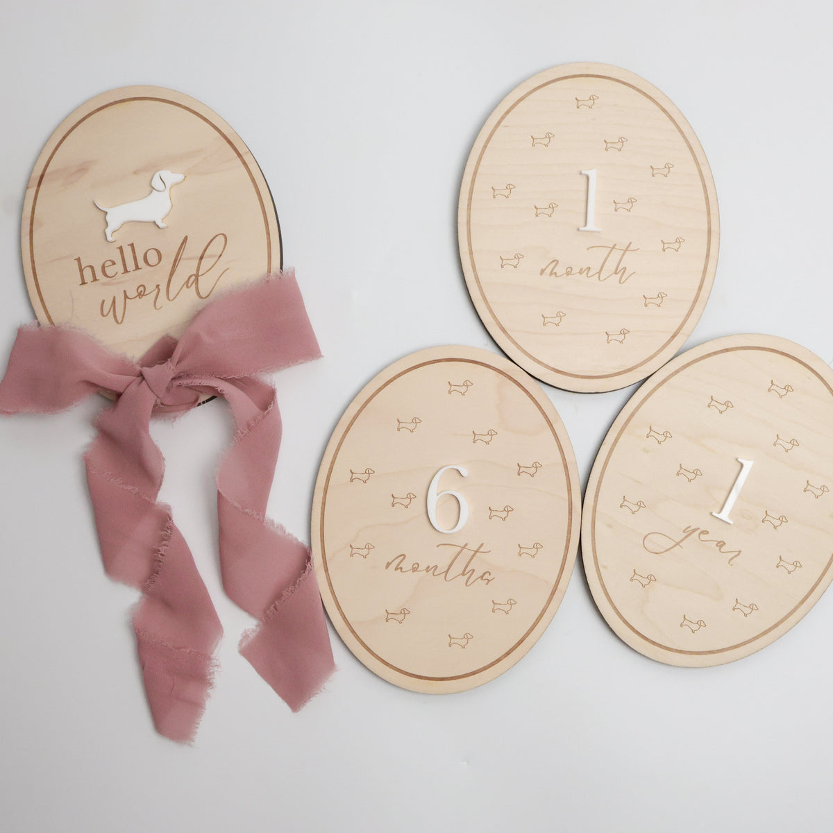 Dachshund Baby Wooden Monthly Milestone - Hello World Round